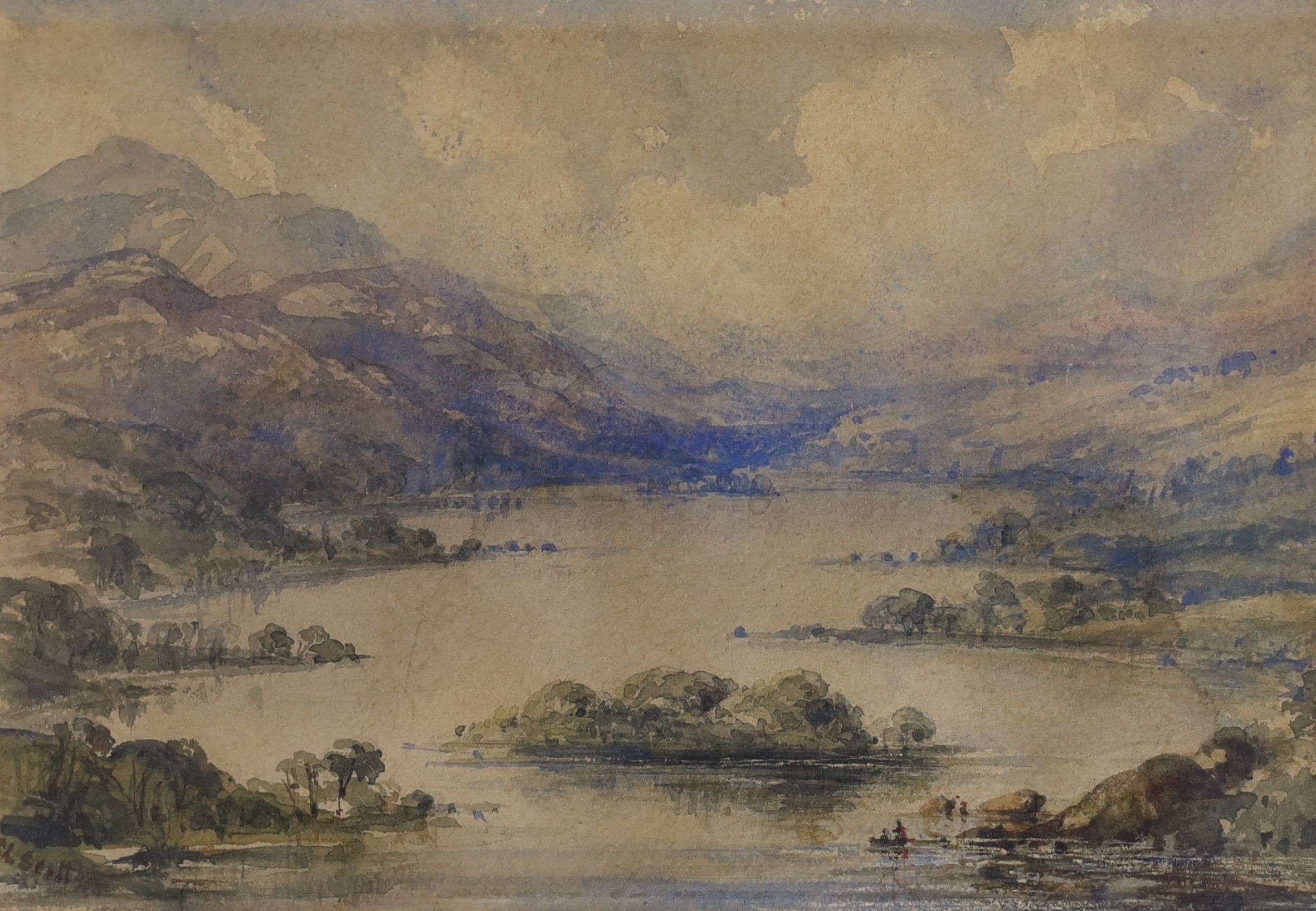 David Charles Read (1790-1851), watercolour, ‘The Lake’, label verso, 13 x 20cm and a watercolour lake scene signed S.L. Scott, 15 x 21cm